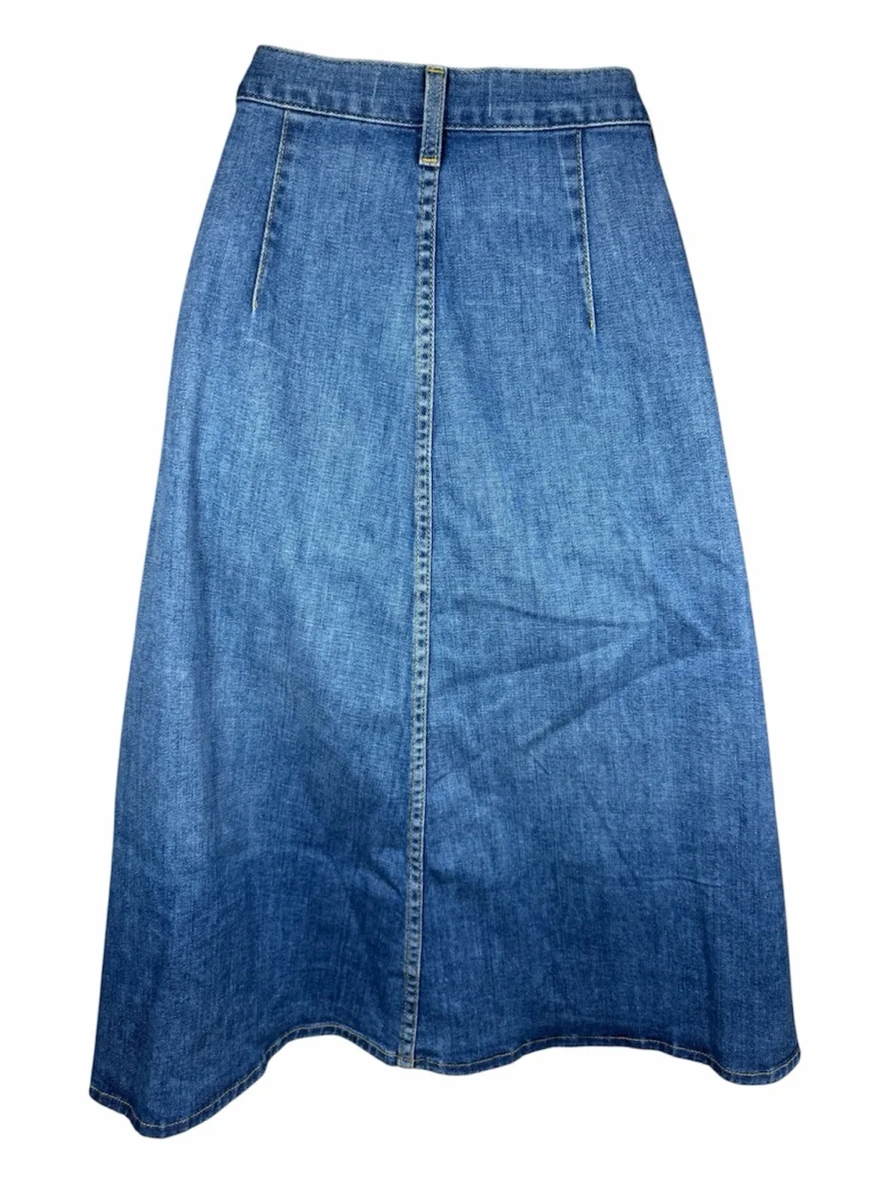 AMO Denim Wrap Skirt Midi Marie  Wistful Medium Wash S Made in USA Stretch Blue
